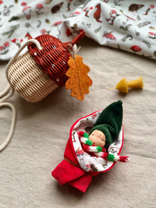 Gnome in Mushroom Wicker Bag