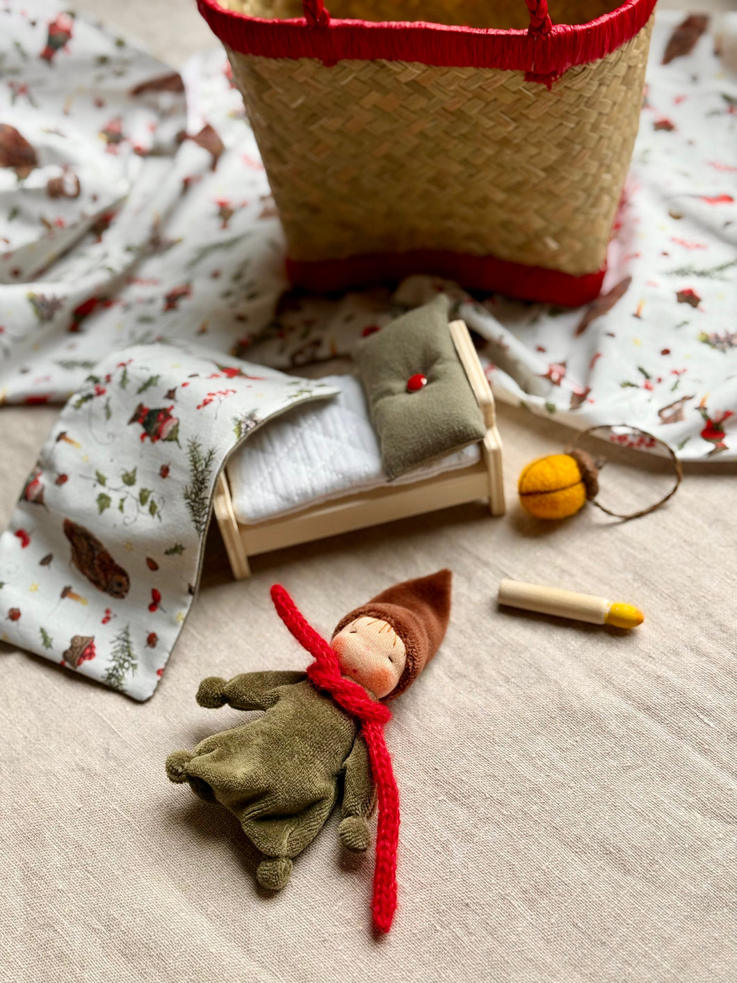 Tiny Gnome in Wicker Basket
